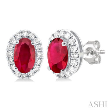 5x3 MM Oval Shape Ruby and 1/8 Ctw Single Cut Diamond Halo Precious Stud Earrings in 14K White Gold